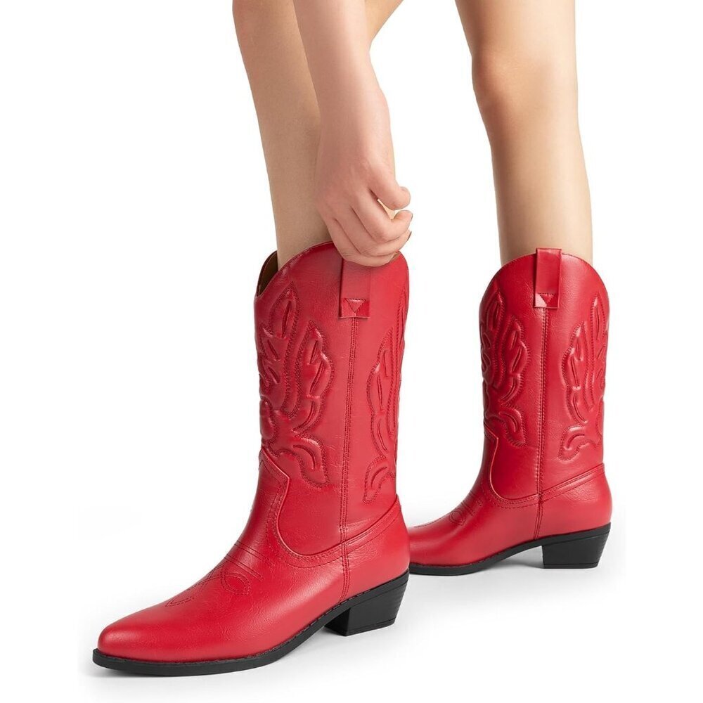 Women's Red Mid Calf Western Embroidery Stitched Faux Leather Cowgirl Boots - Picture 8 of 8